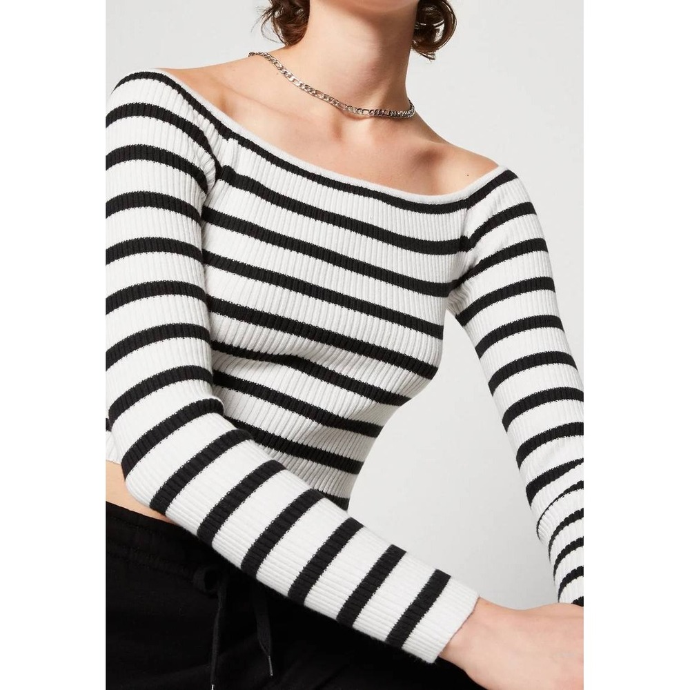 Hollister Women XL Black White Striped Ribbed Off The Shoulder Long Sleeve Top
